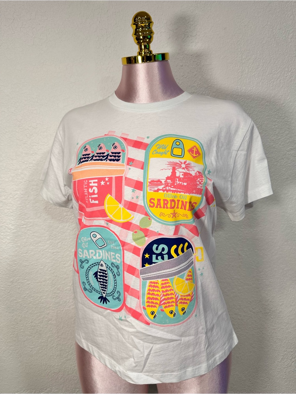 Sweet Claire White Graphic Sardine Can Tee with Pink & Yellow Accents